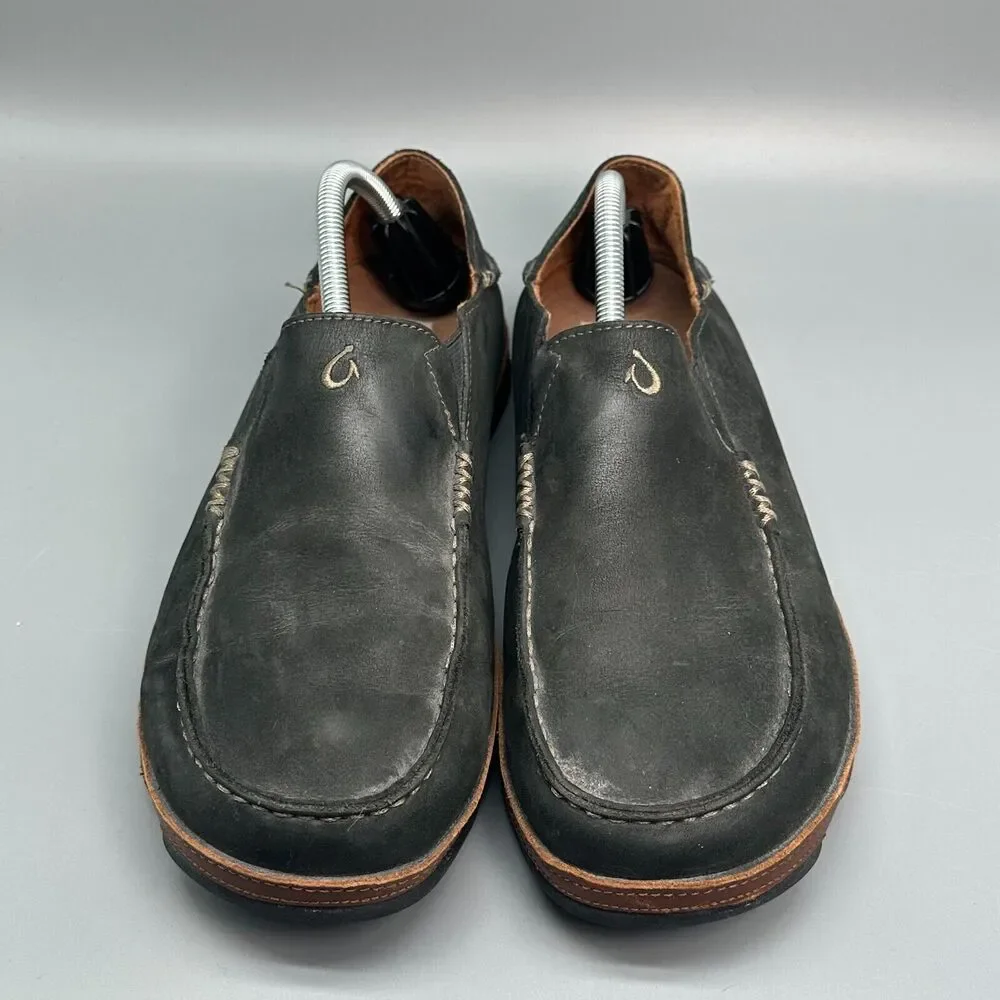 Olukai Moloa Men's 10 Black Nubuck Leather Casual Shoes Slip-On Round Toe Loafer